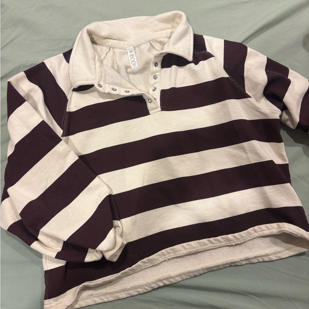 Striped Rugby cropped Pullover in Cream and Dark Brown